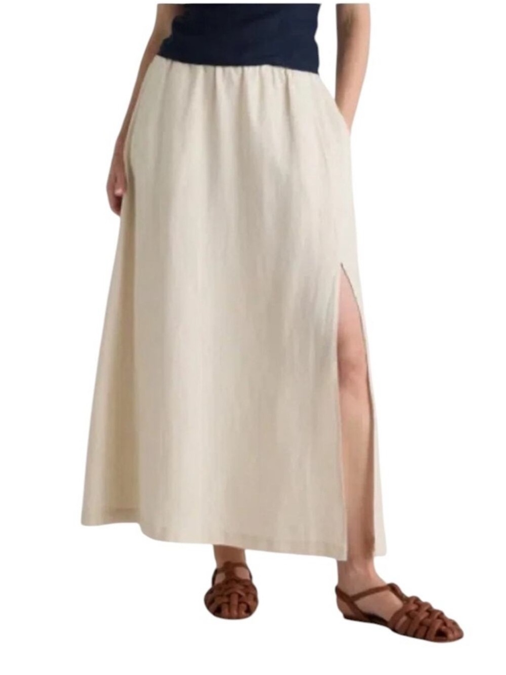Quince Sand European Linen Side Slit Maxi Skirt sand large